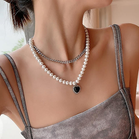 Vintage Link Heart Pendant Necklace  Pearl Necklace for Woman Jewelry Gift-JW01349-Veeddydropshipping