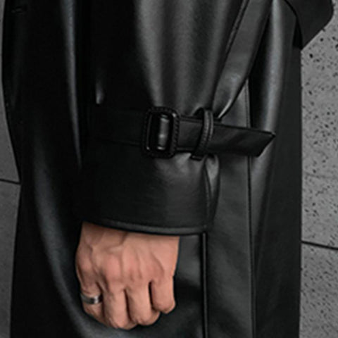 Faux Leather Trench Coat Men Drop Shoulder Belt Faux-MF01376-Veeddydropshipping