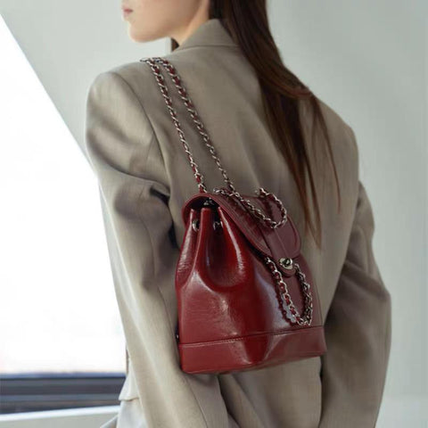 Chains Backpack Female Ins Student Oil Wax Leather Shoulder Bag Travel-BS00030-Veeddydropshipping