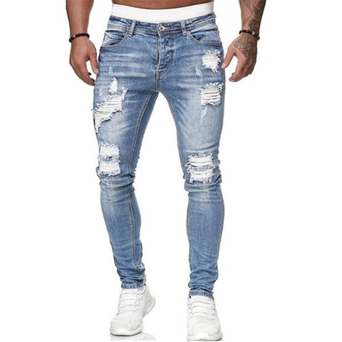 Jeans Blue Slim Fit Hole Pencil Pants Biker Casual Trousers-MF00446-Veeddydropshipping