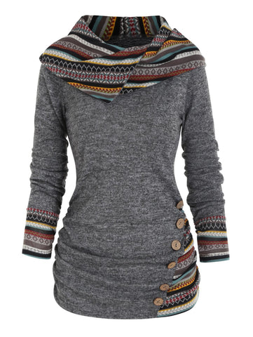 Tribal Geometric Stripe Panel Hooded Knit Top Long Sleeve-Veeddydropshipping
