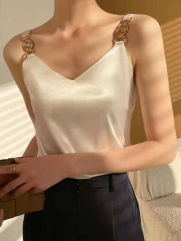 Women T-shirt Silk Metal Buckle V-neck Vest-Veeddydropshipping