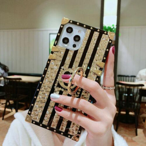 For iPhone 14 13 12 11 8 XS Glitter Bling Gold Flower Square Case Ring Kickstand-PA00170-Veeddydropshipping