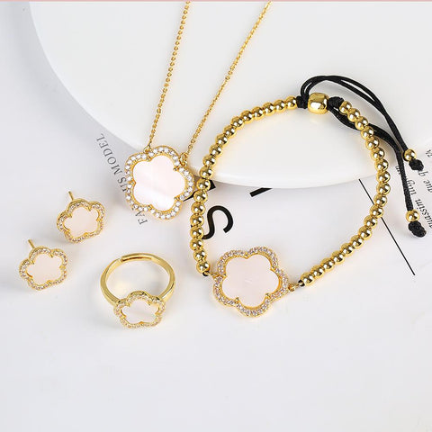 Five-leaf Flower Pendant Necklace Earring Ring Jewelry Set -JW00216-Veeddydropshipping