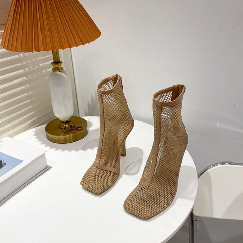High Heel Boots Fashion Square Head Mesh Zipper-BS00903-Veeddydropshipping