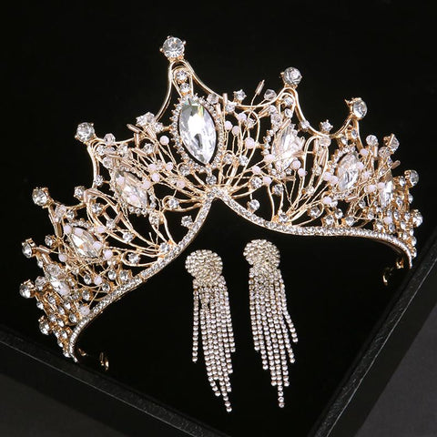 Crystal Bridal  Crown With Earrings Hair Accessories  -JW00513-Veeddydropshipping