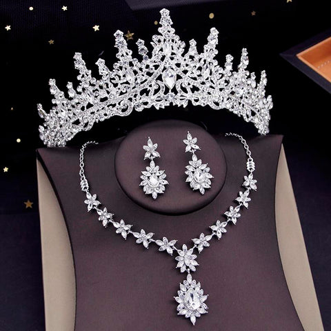 Luxury Crystal Crown Jewelry Sets Bridal Necklace Earring Set  -JW00294-Veeddydropshipping