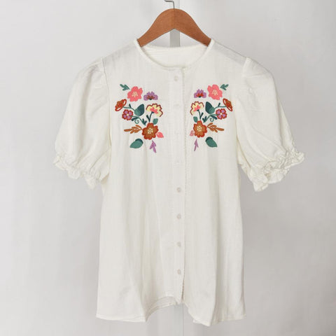 Embroidered Flower Short Sleeve Ladies Puff Sleeve Round Neck-WF00282-Veeddydropshipping