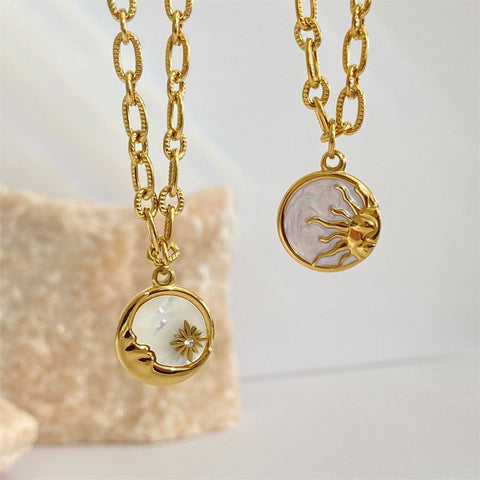 Sun and Moon Pendants Necklace White  Stainless Steel Chain -JW01254-Veeddydropshipping