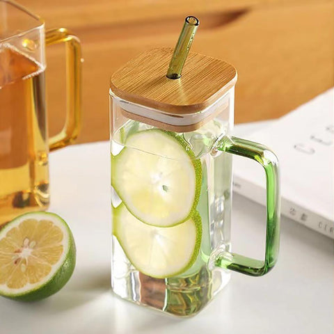 Square Glass Cup With Bamboo Lid and Straw-HA01286-Veeddydropshipping