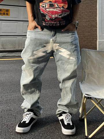 Street Star Print Dark Black Jeans Y2K Retro Design Casual Low-MF00459-Veeddydropshipping