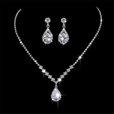 Water Drop Full Crystal Silver Plated  Bridal Wedding Jewelry Set -JW00352-Veeddydropshipping