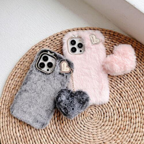 For iPhone 14 13 12 11 Pro Max XS XR 8 Love Heart Plush Silicone Soft Case Cover-PA00157-Veeddydropshipping