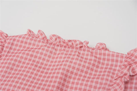 Retro Plaid Single-breasted Shirt Puff Sleeve Ruffled Round Neck-WF00288-Veeddydropshipping