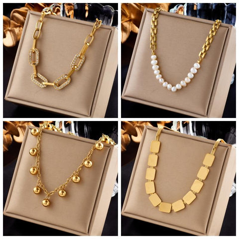 Stainless Steel Geometric Ball Beads Pearl Chain Necklace -JW00172-Veeddydropshipping