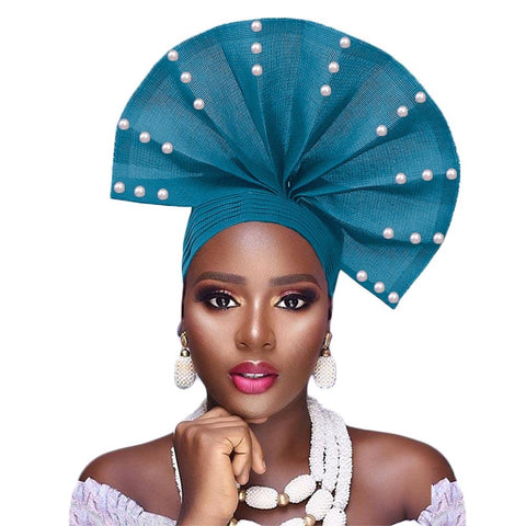 African Headtie With Beads Cap-WF01500-Veeddydropshipping