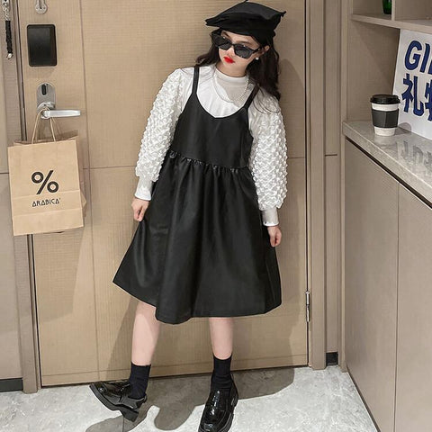 Girl Dress Party Dresses Ruffle Collar Strap pu Long-sleeve Dress-TB00920-Veeddydropshipping