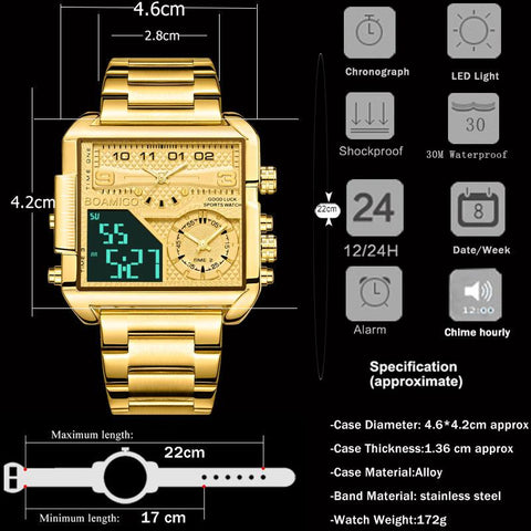 Luxury Fashion Men Watches Gold Steel Sport Square Watch -JW00816-Veeddydropshipping
