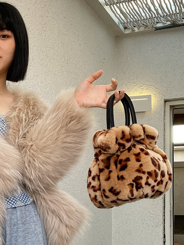 rabbit fur female bag portable fur real hair rabbit hair aslant leopard package-BS00058-Veeddydropshipping