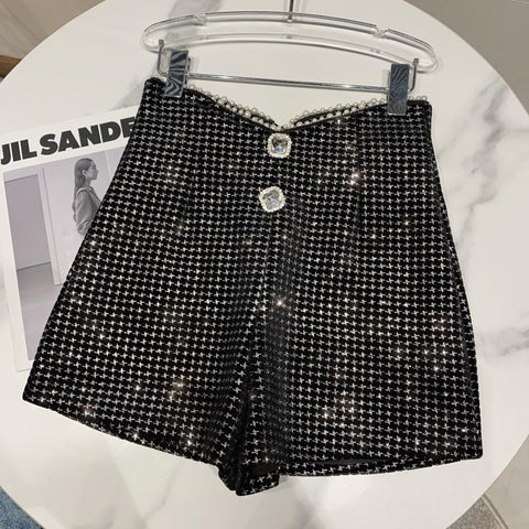 Diamond Button High Waist Casual Velvet Shorts-WF00440-Veeddydropshipping