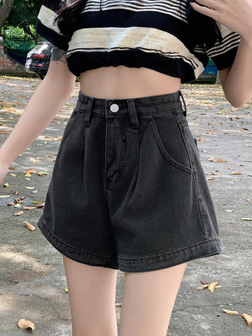 Wide Leg Button Denim Shorts High Waist Jeans-WF00097-Veeddydropshipping