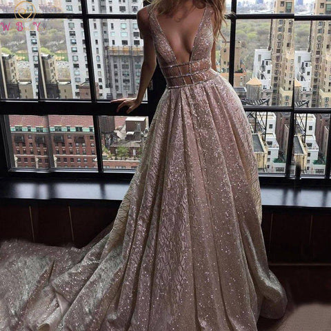 Sexy Deep V-Neck A-Line Prom Dresses-WF01541-Veeddydropshipping