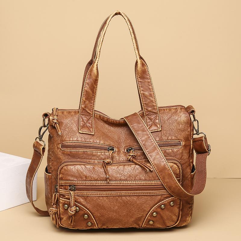 Handbags Pu Leather Soft Tote Bags Large Capacity Brown Shoulder-BS00125-Veeddydropshipping