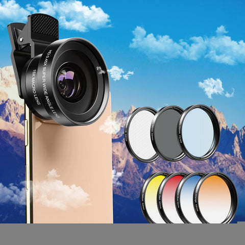 APEXEL 7 in 1 lens kit 0.45x wide+52mm UV Grad Blue Red Color-PA01224-Veeddydropshipping