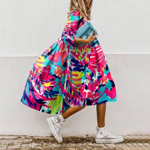 O Neck Half Sleeve Floral Printed  A-Line Dresses-WF00093-Veeddydropshipping