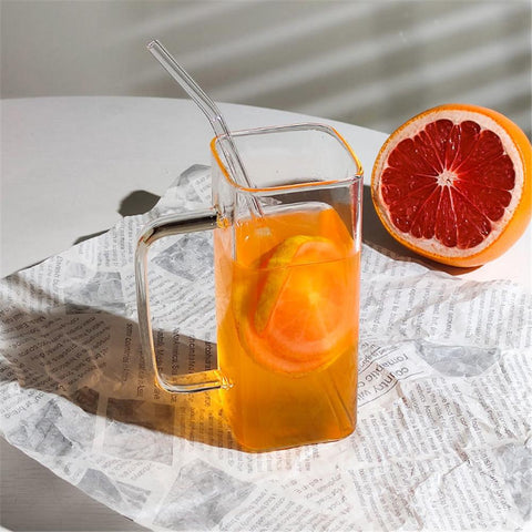 Square Glass Cup With Bamboo Lid and Straw-HA01286-Veeddydropshipping