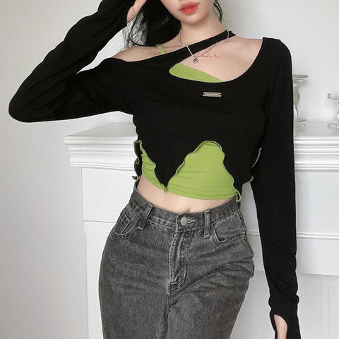 Off-the-shoulder Contrast Color Wave Edge-WF00092-Veeddydropshipping