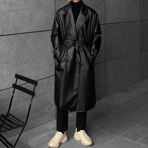 Faux Leather Trench Coat Men Drop Shoulder Belt Faux-MF01376-Veeddydropshipping