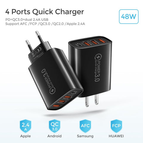 High Quality Travel Home Fast Charger 48W 3A Qc 3.0 USB Type C EU/US Mobile Phone Plug Chargers adapter-PA00355-Veeddydropshipping