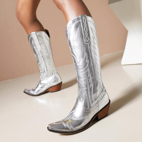 Shiny Embroidery Zipper White Knee High Boots Casual-BS01062-Veeddydropshipping