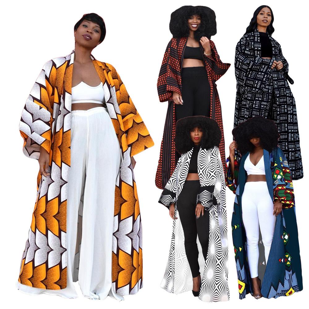 African Ethnic Print Loose Long Trench Coat-Veeddydropshipping