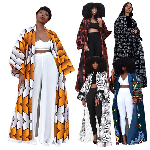 African Ethnic Print Loose Long Trench Coat-Veeddydropshipping