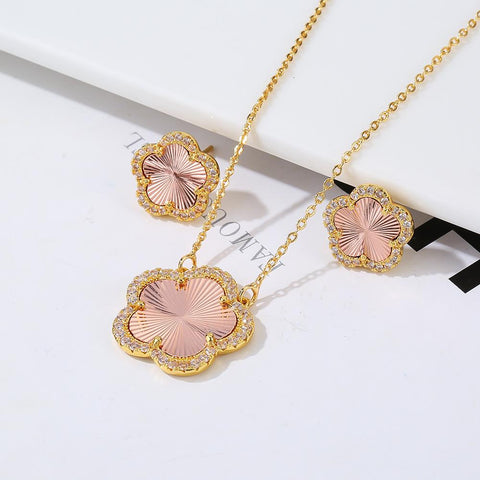 Lucky Jewelry Zircon CZ Simple Inlaid Plant Flower Pendant set-JW01328-Veeddydropshipping