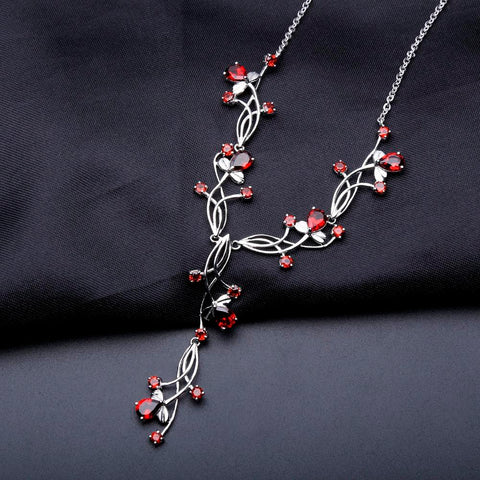 atural Red Garnet Bridal Necklace  925 Sterling Silver-JW00121-Veeddydropshipping