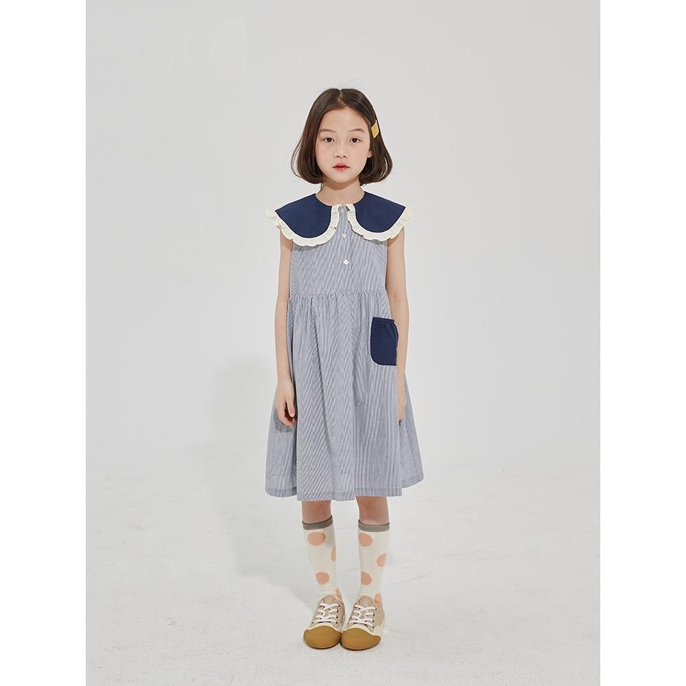 Summer Girls Sweet Dresses Kids Lace Collar Striped Dress-Veeddydropshipping