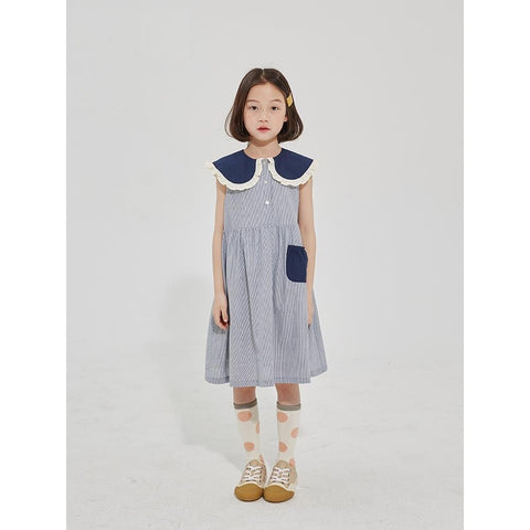 Summer Girls Sweet Dresses Kids Lace Collar Striped Dress-Veeddydropshipping