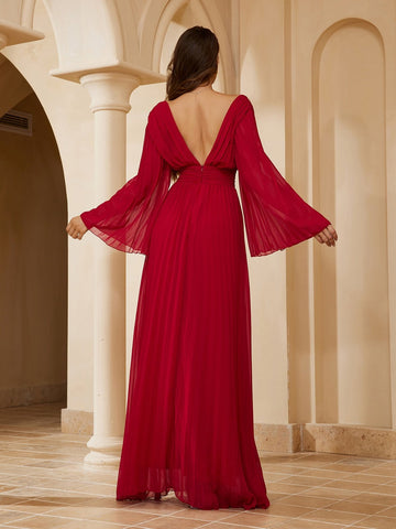 Sexy Deep V Neck Long Sleeve Celebrity Dress-WF01577-Veeddydropshipping