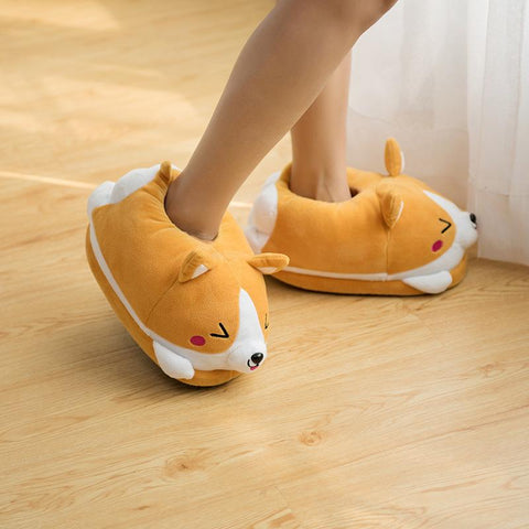 Double Shiba Inu Warm Plush Corgi Slippers Home Slip-BS01194-Veeddydropshipping