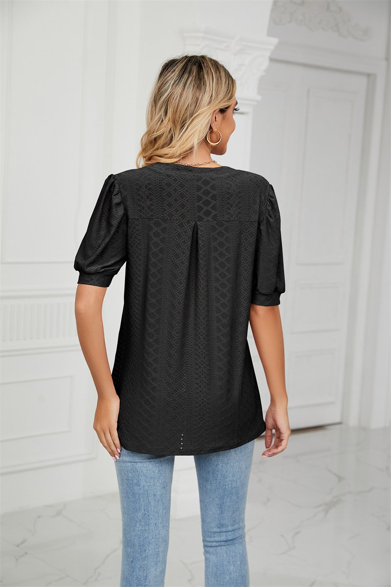 Hollow Out V Neck T-Shirt Women Puffy Sleeve-Veeddydropshipping