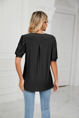 Hollow Out V Neck T-Shirt Women Puffy Sleeve-Veeddydropshipping