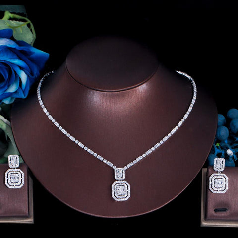 Geometric Square  Shiny Cubic Zirconia Crystal Fashion Jewelry Set  -JW00356-Veeddydropshipping