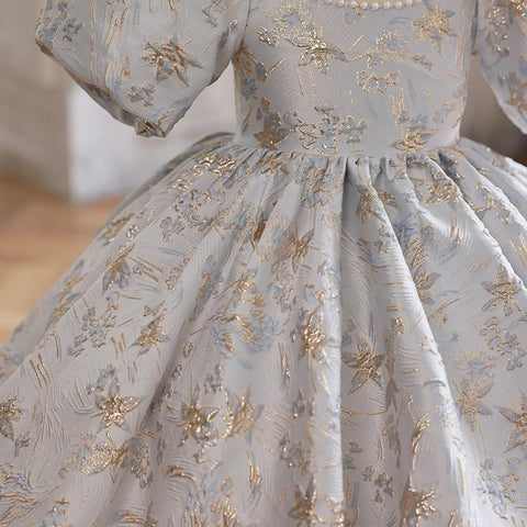 Baby Girl Princess Pearl Beading Satin Dress Puff Sleeve Child Vintage-TB00862-Veeddydropshipping
