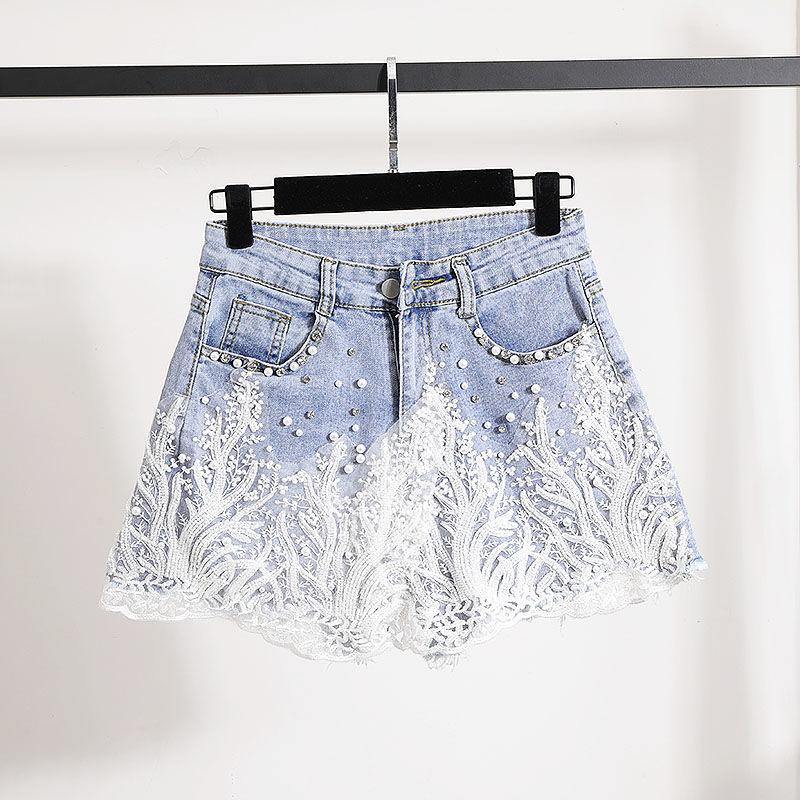 Rhinestones Lace Flower Ladies Denim Shorts-WF00439-Veeddydropshipping
