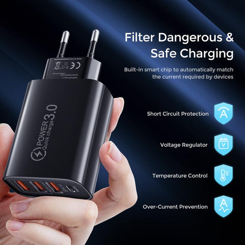 High Quality Travel Home Fast Charger 48W 3A Qc 3.0 USB Type C EU/US Mobile Phone Plug Chargers adapter-PA00355-Veeddydropshipping