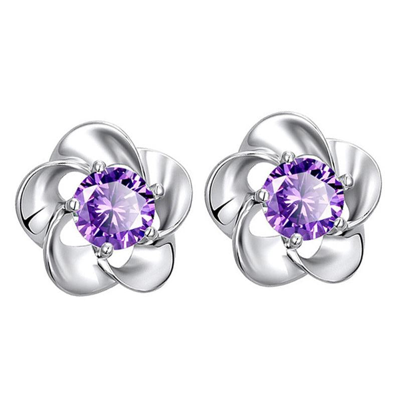 925 Silver Flower Stud Earrings Purple Swiss Diamond Jewelry  -JW00278-Veeddydropshipping