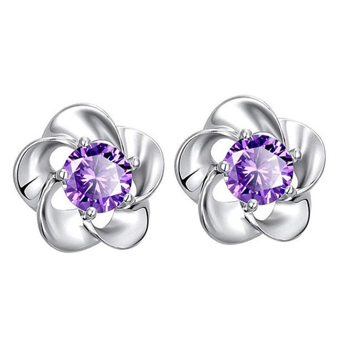 925 Silver Flower Stud Earrings Purple Swiss Diamond Jewelry  -JW00278-Veeddydropshipping